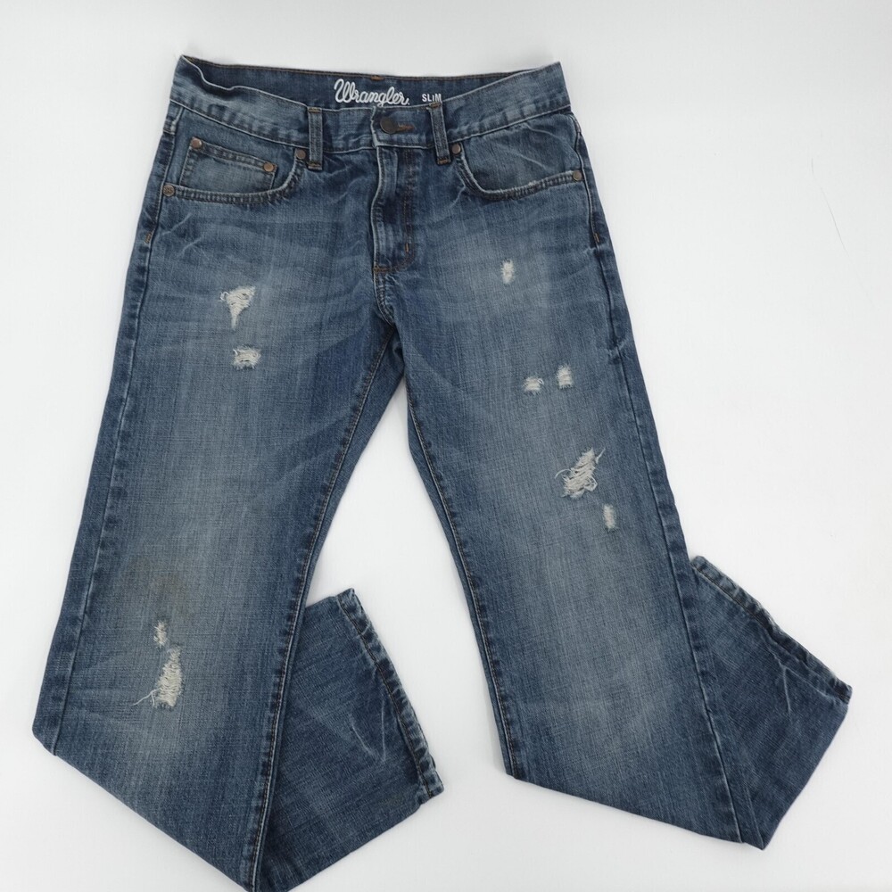 Wrangler Slim Fit Jeans Mens 33 Blue Distressed Mid Rise Straight Cowboy Cut